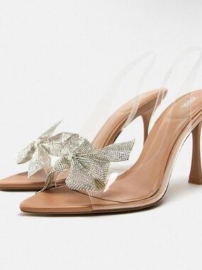 ZARA Clear Bow Heels | Rhinestone Bow Sandals | NEW With Tags | Size 39